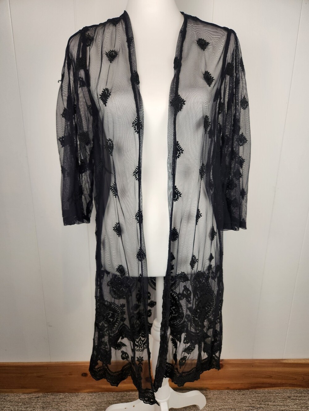 Sheer Lace Embroidered Duster Kimono Coverup Open Cardigan Black Elbow Sleeve